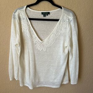 Lauren Ralph Lauren White V-Neck Sweater
